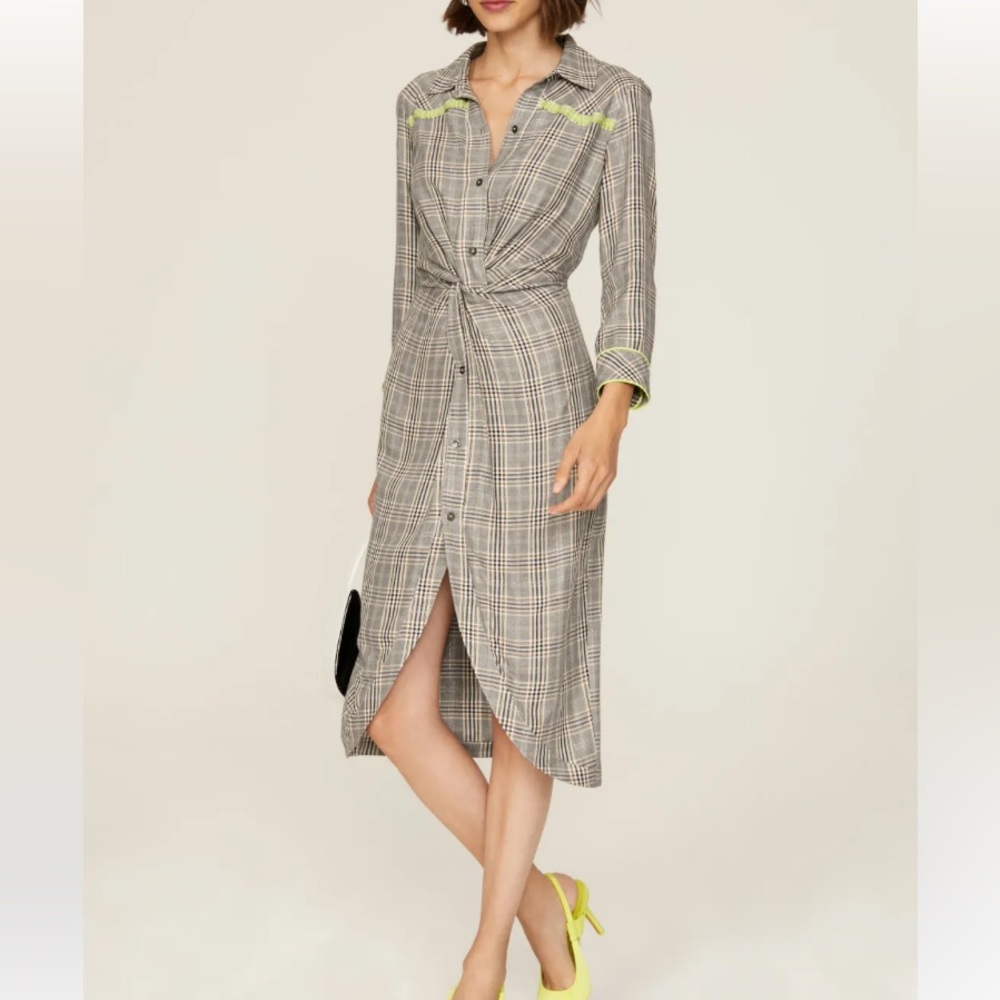 Le Superbe Grey Plaid To-A-T Boyfriend Baller Dress w/ Neon Yellow Beads Size 0
